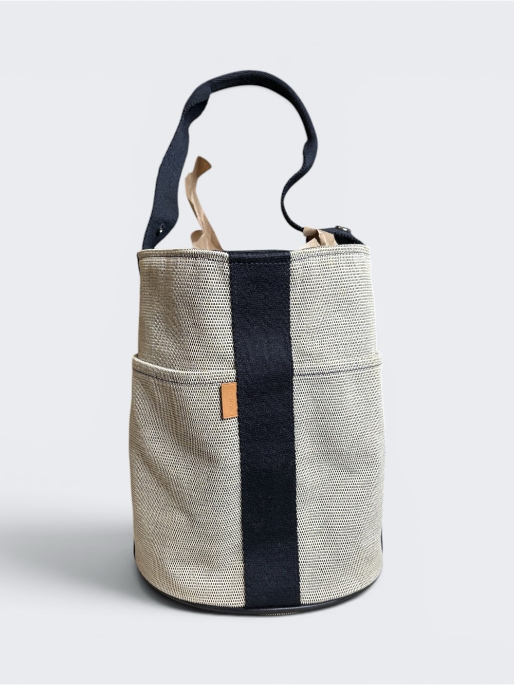 Hermes Beige Canvas Duffel with Black Center Stripe